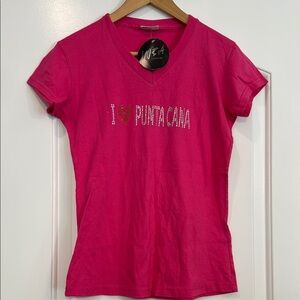 NWT I ❤️ PUNTACANA BEDAZZLED SHORT SLEEVE V-NECK TEE SIZE MEDIUM